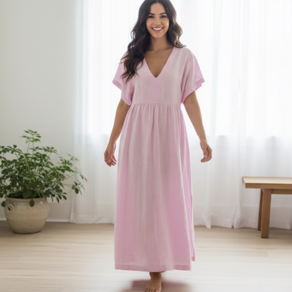 Oliphant Pink Linen Dolman Sleeve V-neck Petal Pink Maxi Dress Size Small